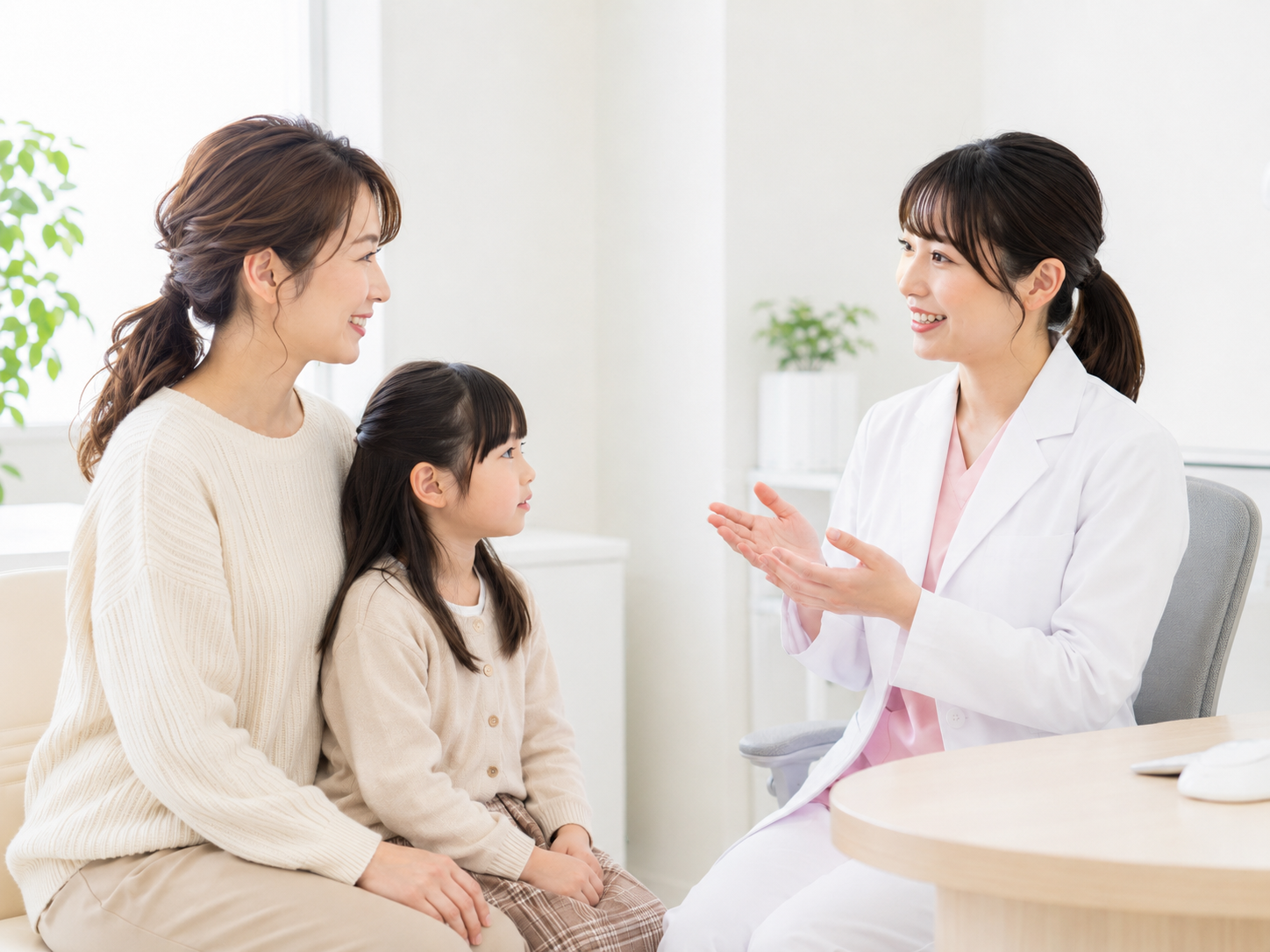 診察室で女性医師に相談する母親と子ども